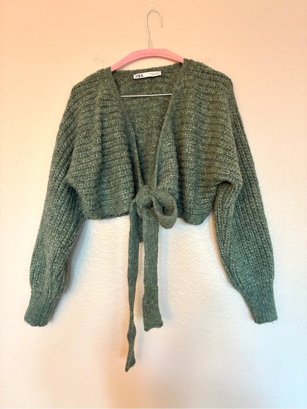 Zara Sage Green Wrap Cardigan Women's Small Cropped Tie Front Knit Open Cottage